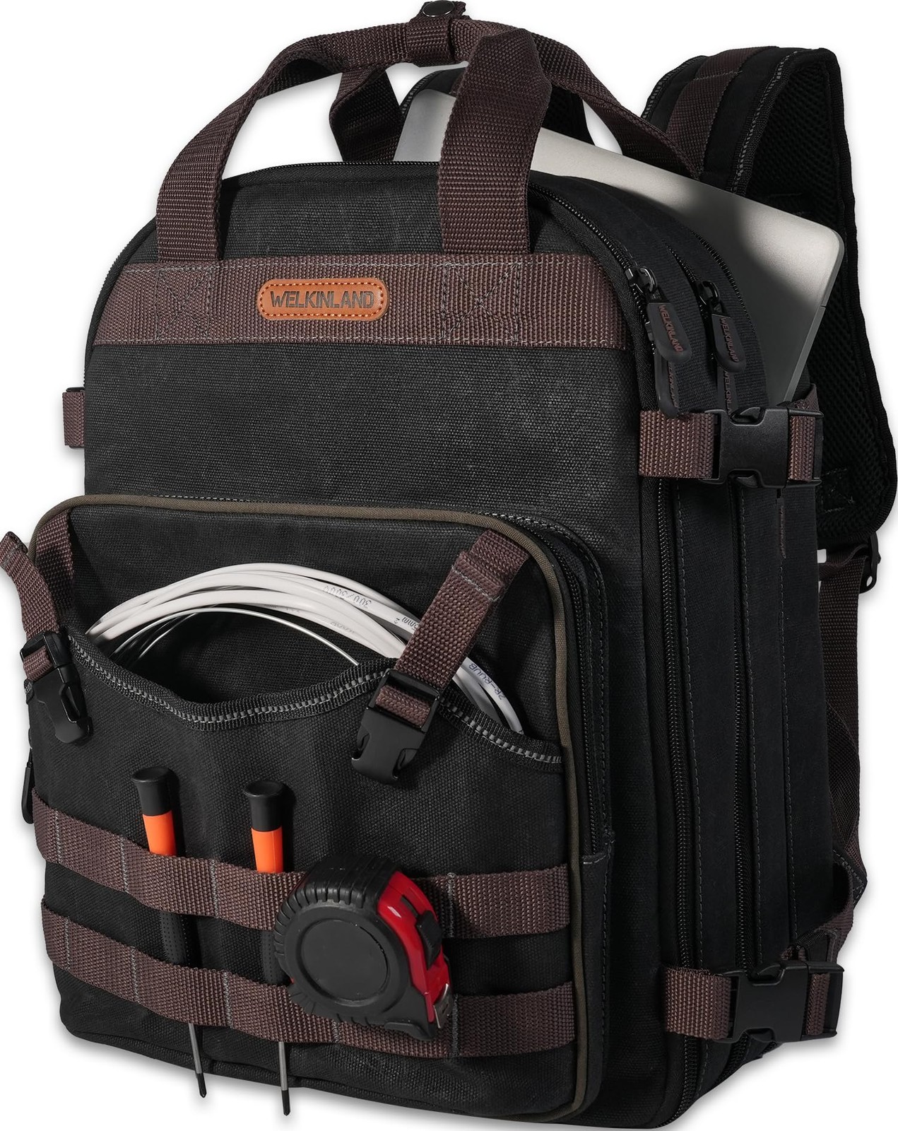 WELKINLAND 90-Pockets Electrician Backpack, Wax-Canvas Tool Backpacks Heavy D…