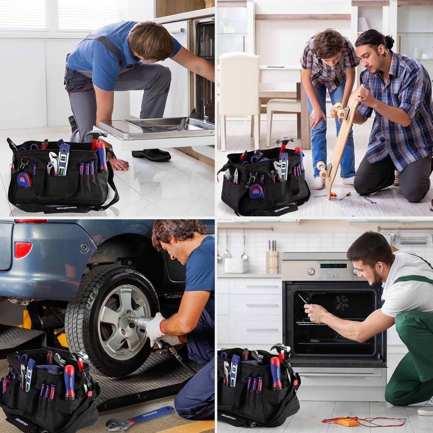 16-Inch Waterproof Tool Storage Bag with Pockets Rubber Base Black