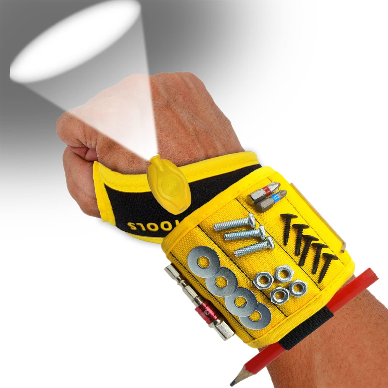 Magnetic Wristband with Flashlight and Tape Measure – Screw, Drill Bit, and Nail