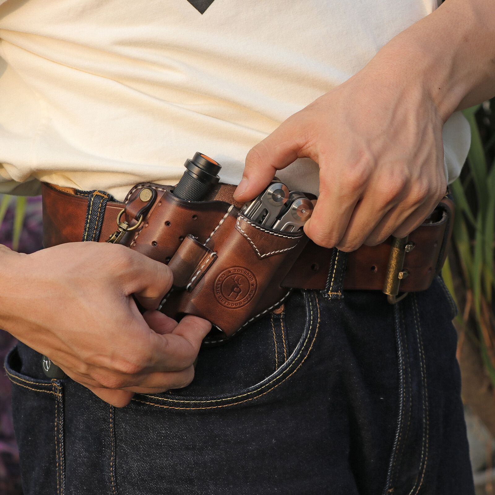 TOURBON Leather 4-in-1 Tool Belt Holster EDC Multitool Flashlight Sheath Utility