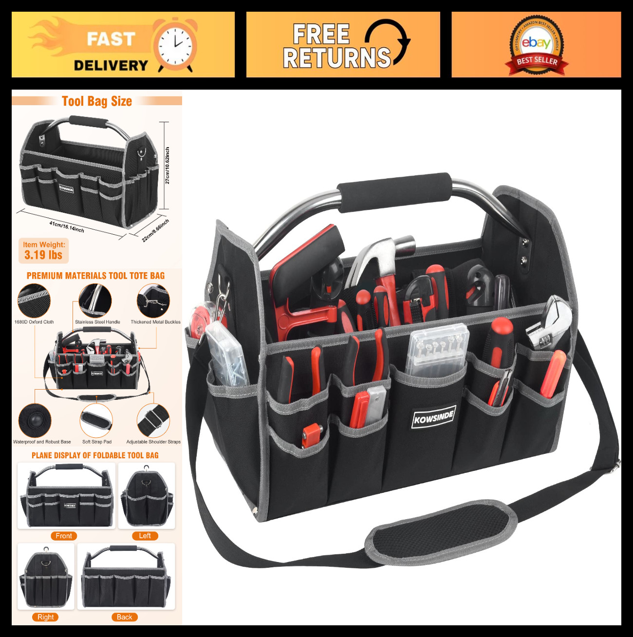 16″ Electrician Tool Bag – Open Top, 26 Pockets, Steel Handle, Removable Strap
