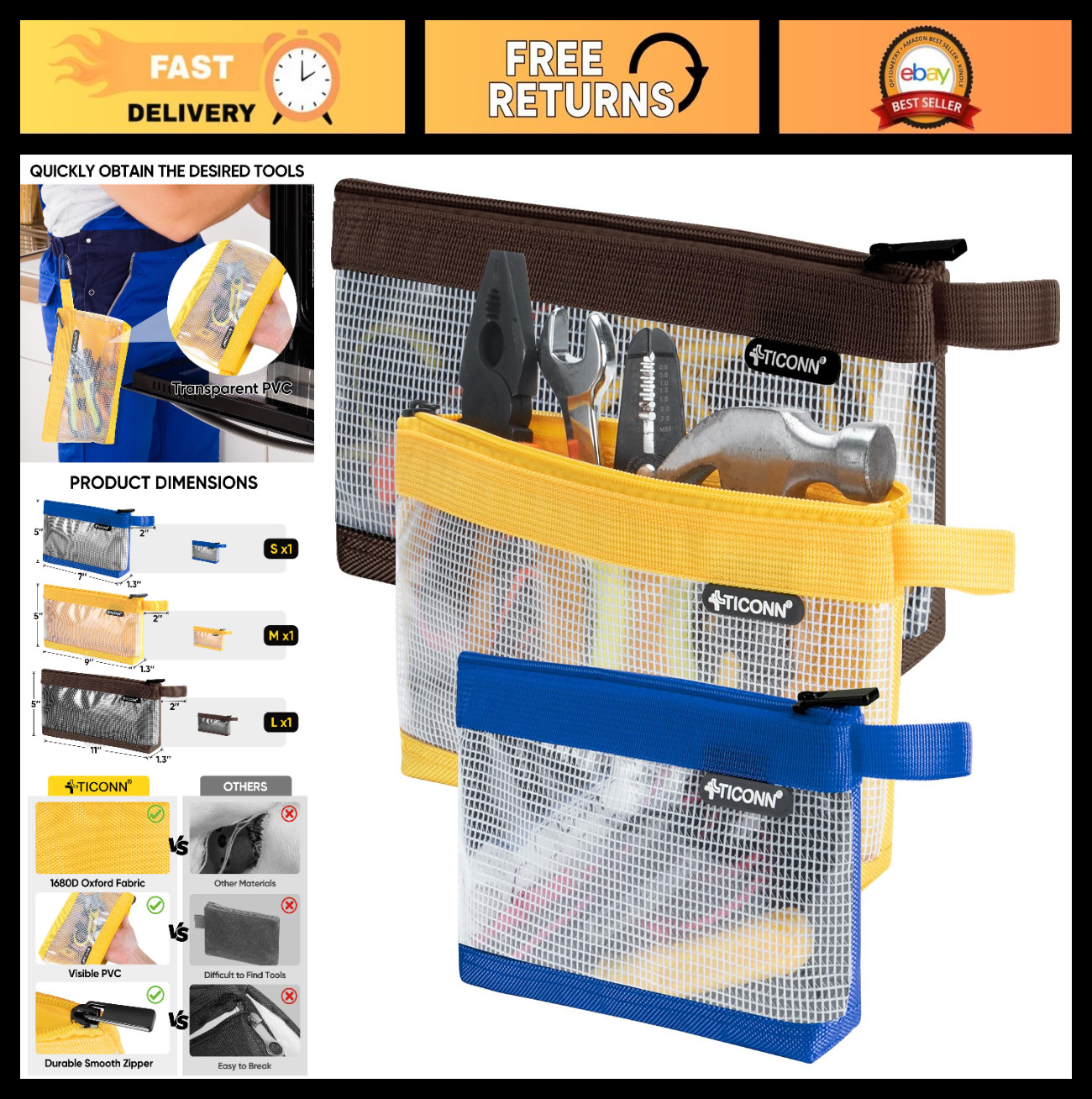Small Tool Bag Set, 1680D Oxford Zipper Pouches, Clear Utility Organizer (3PK)