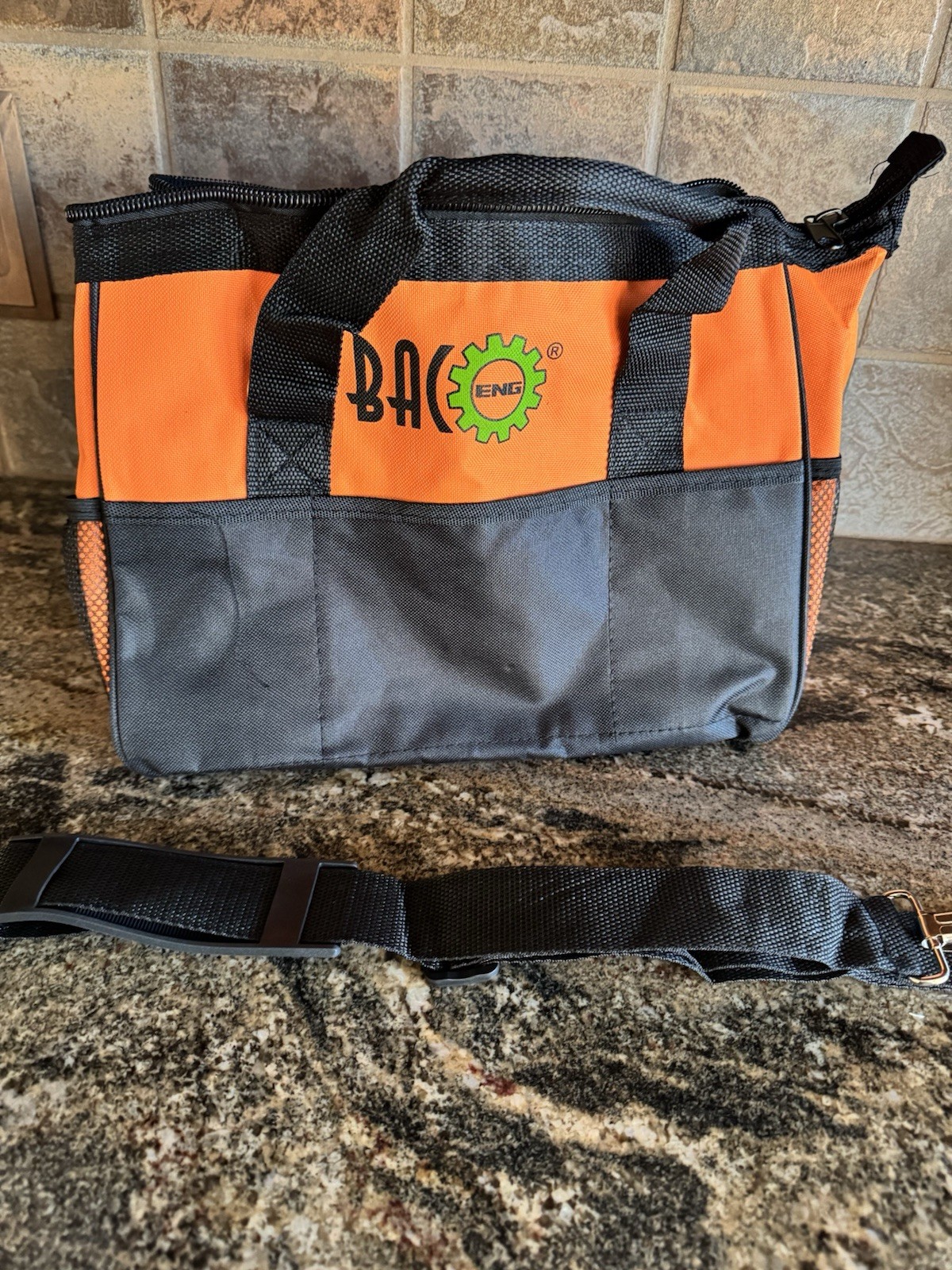 BAC ENG Black&Orange Indoor/Outdoor Tool or Gear Bag w Multiple pockets & Strap
