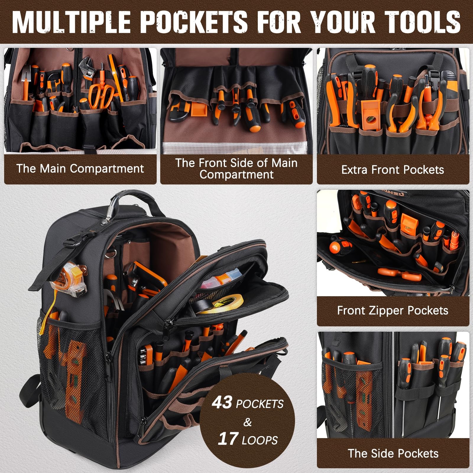 Rolling Tool Backpack Heavy Duty, 43 13.8″ x 8.7″ x 18.5″, ‎Black-Brown