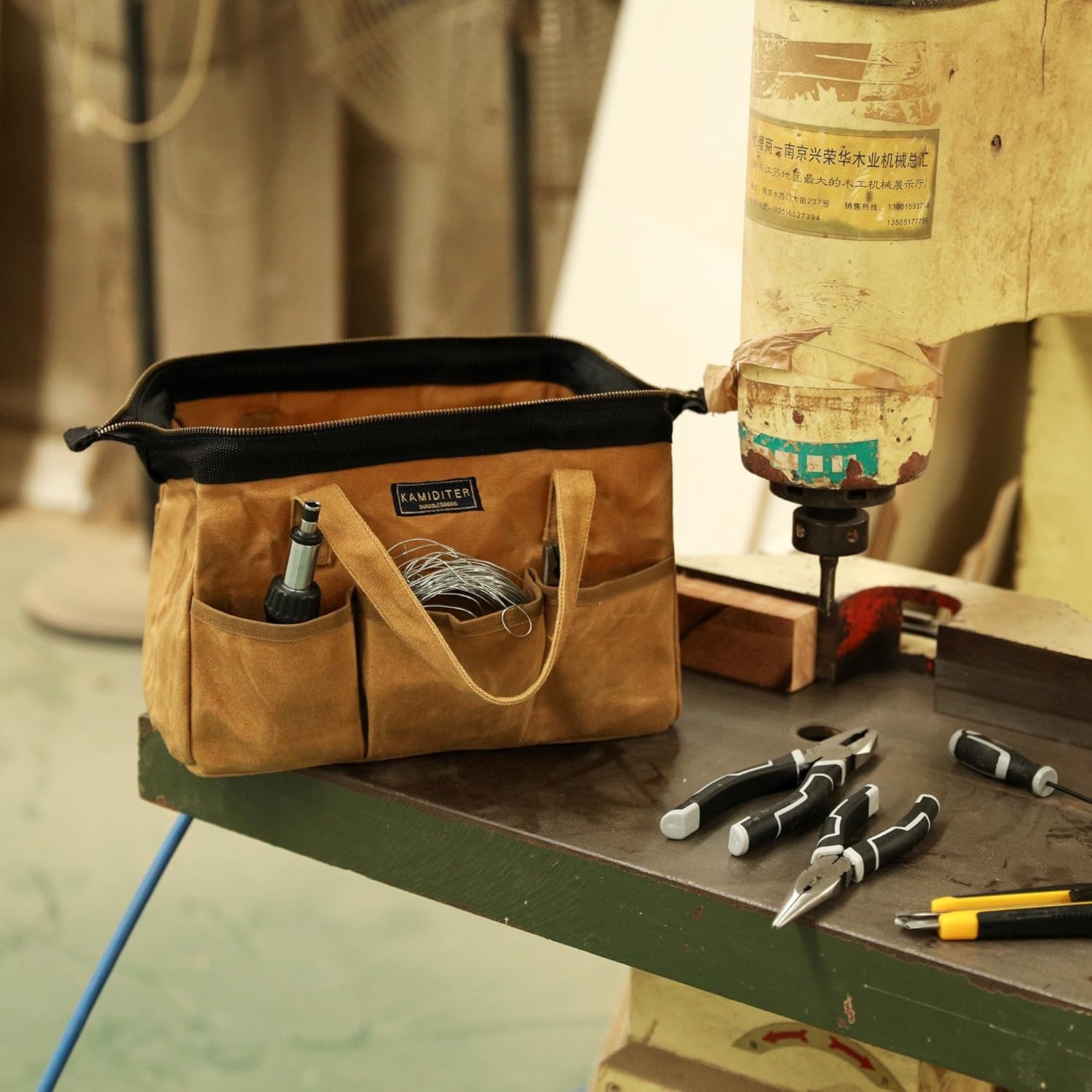 Waxed Canvas Tool Bag 16oz – Heavy Duty Zipper, Multi-Pocket Storage Organizer