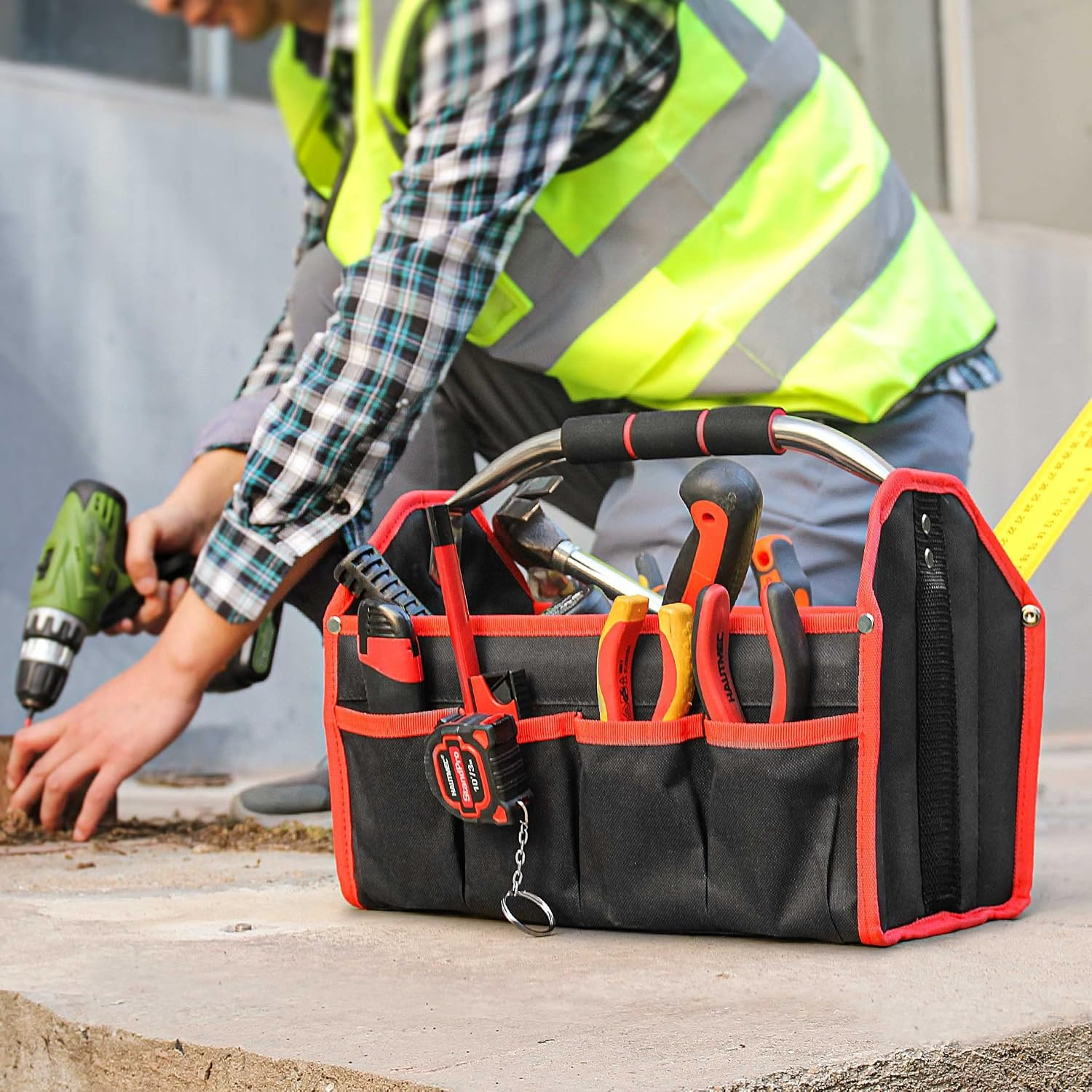 13 Inch Tool Bag, Foldable Open Top Tool Bag with Stiff Frame