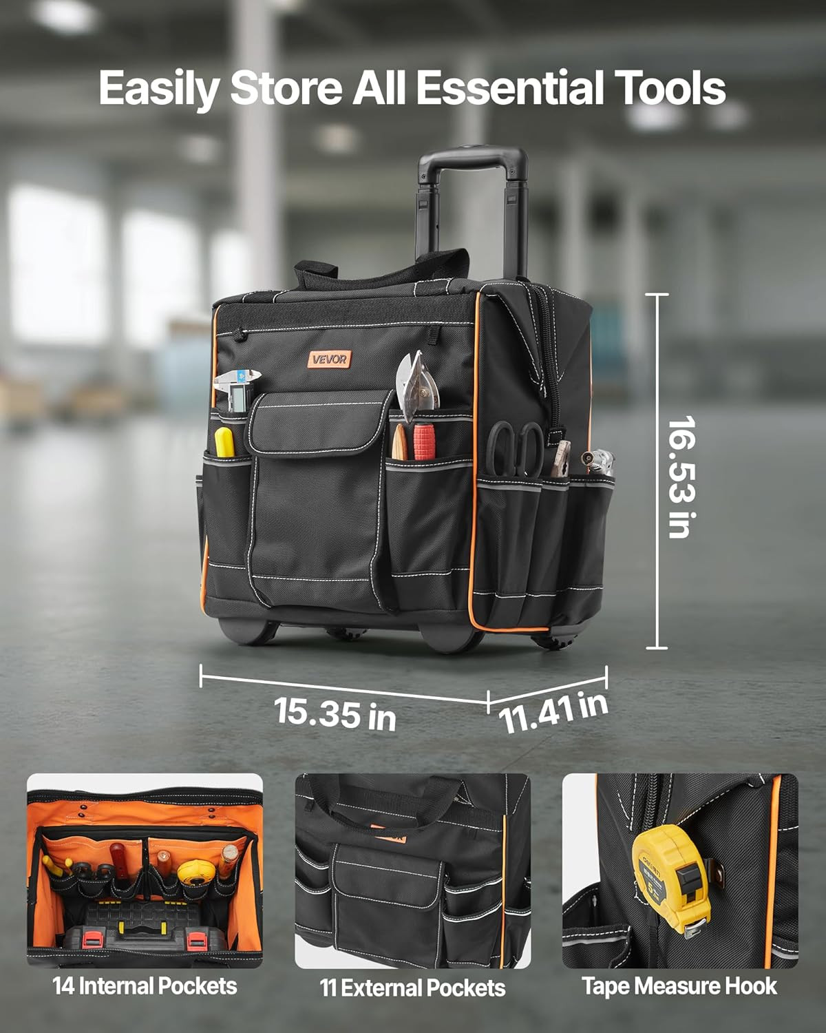 15″ Rolling Tool Bag, 110 Lbs Load Capacity, 25 Pockets Heavy Duty Roller Tool B