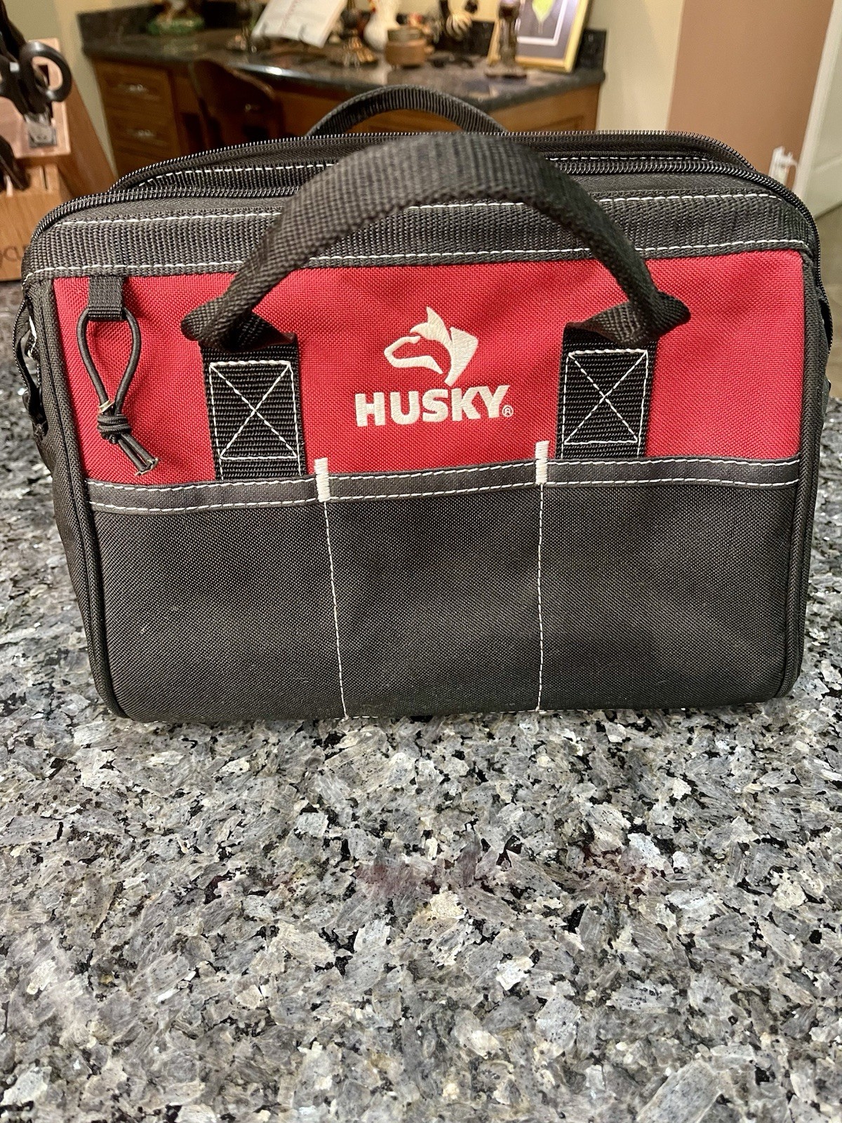Husky 12-inch 3 Pocket Zippered Tool Bag Water-Resistant Canvas Black & Red
