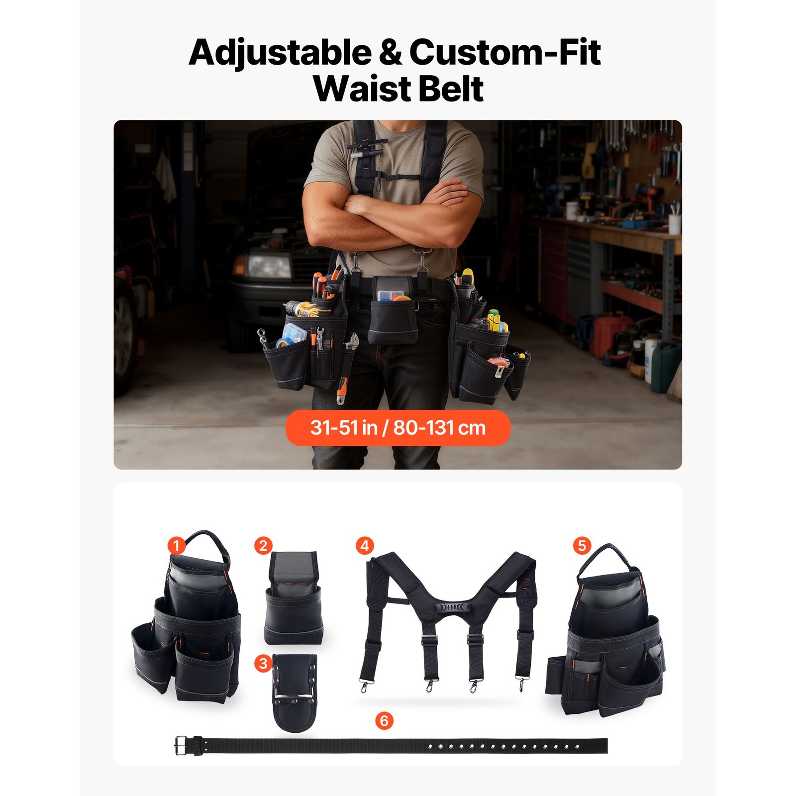 Professional Tool Belt — 19 Pockets, Suspenders, 31-51in Waist