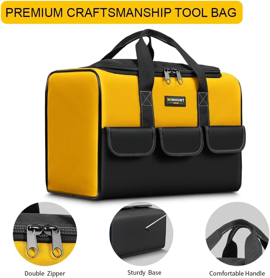 17″ Large Tool Bag Wide Mouth Organizer Yellow & Black Double Zipper