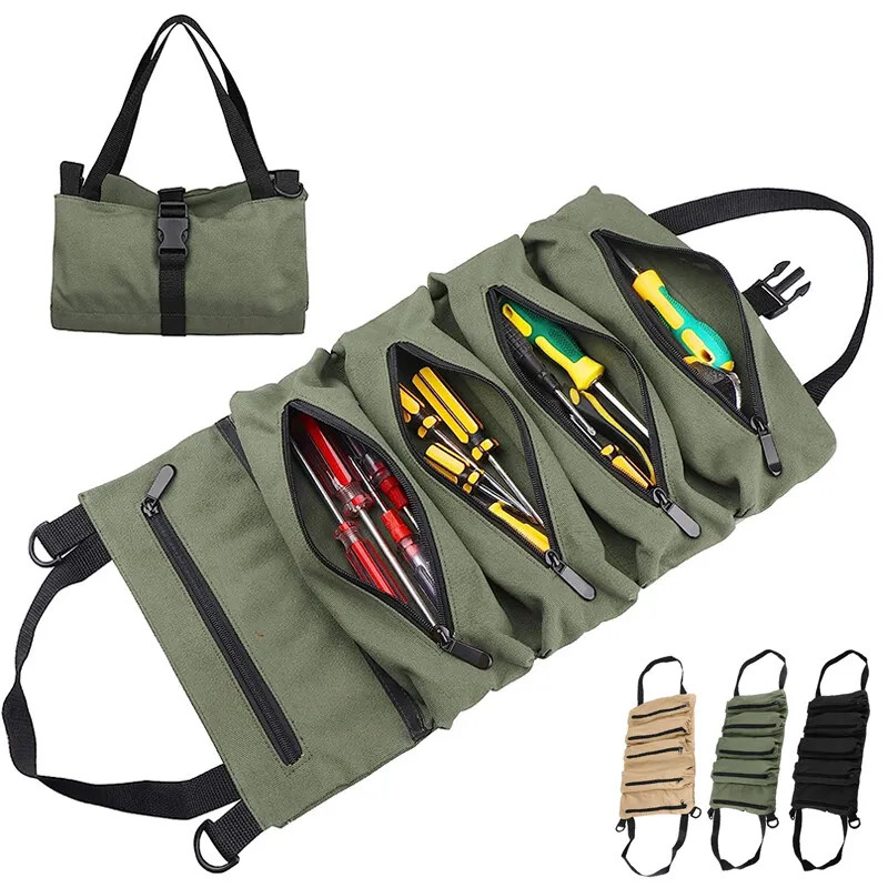 Multi-Purpose Tool Roll Up Bag 5 Pocket Wrench Pouch Canvas Hanging Organizer US