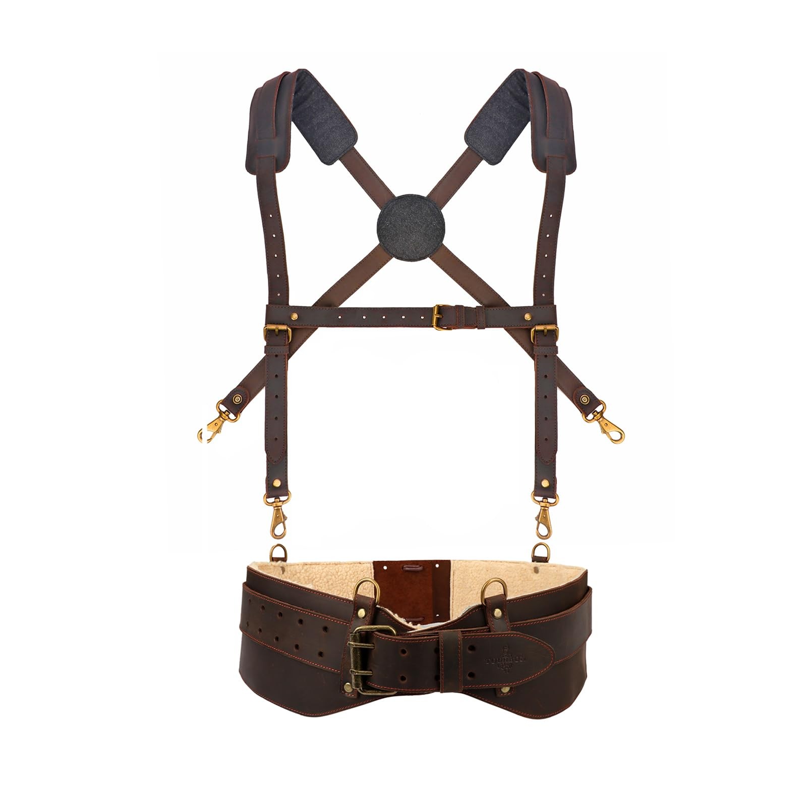 Leather Tool Belt with Suspenders, Padded Electrician Carpenter Work Belt