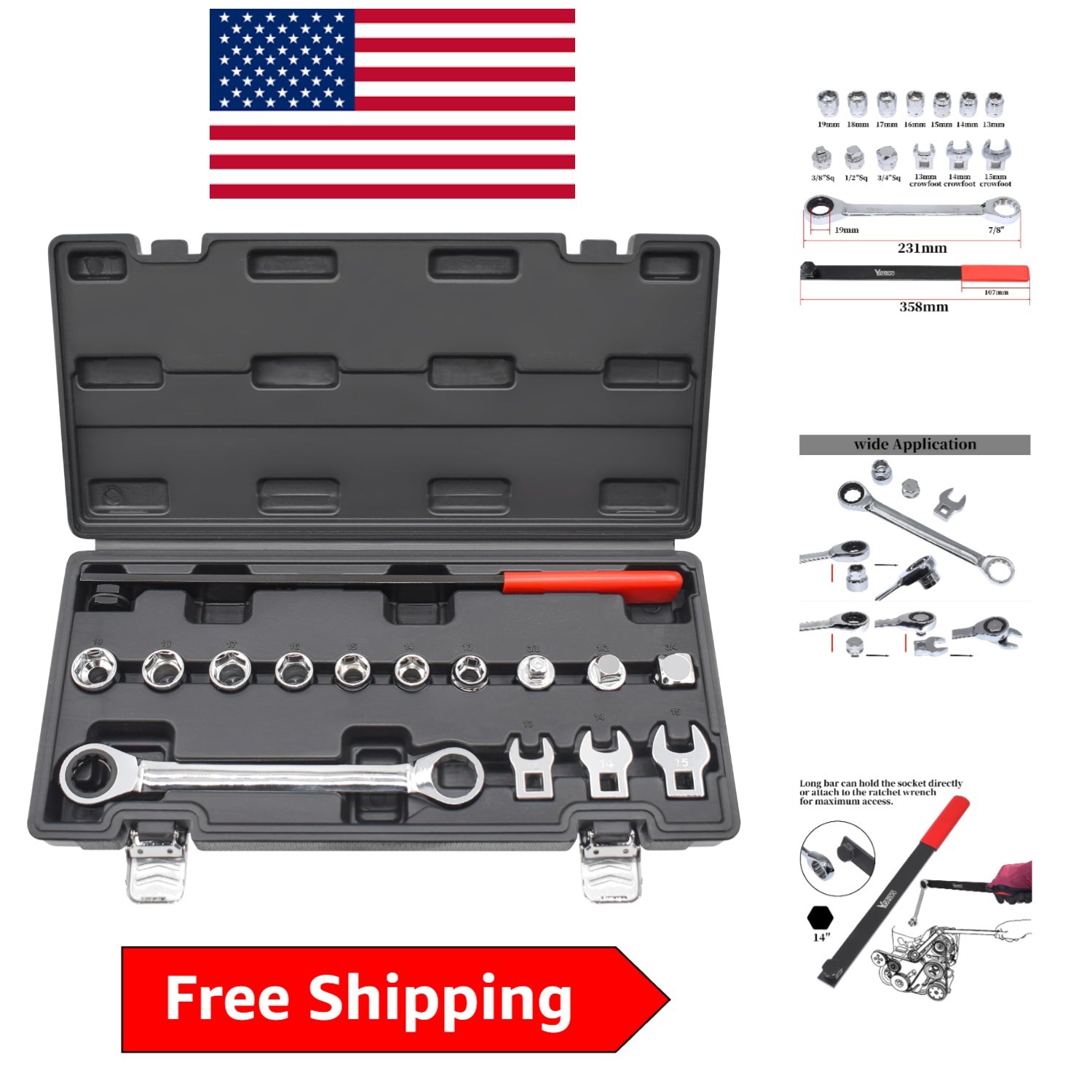 Universal Ratcheting Belt Tool Set: 15-Piece Automotive Repair with Chrome Steel