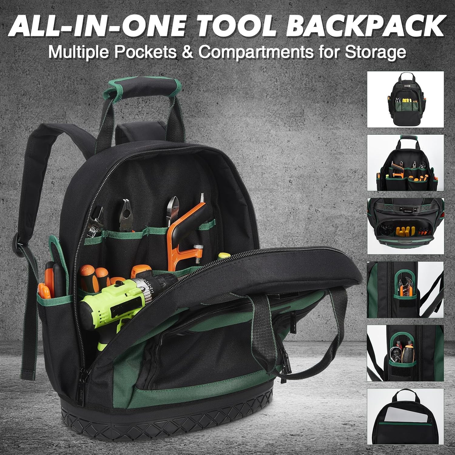 Tool Backpack 17in Oxford Curved Hard Base Large Capacity Shockproof Ergonomic