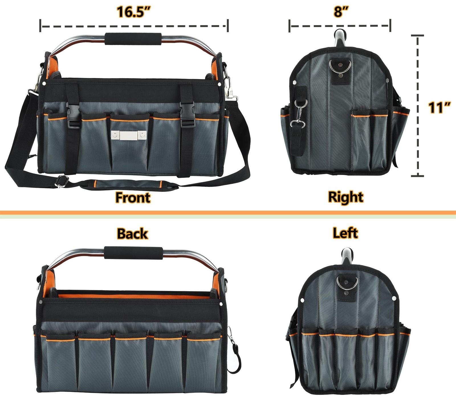16 Inch Open Top Tool Bag, Foldable 29 Pockets Tool Tote Bags with Handle & P…