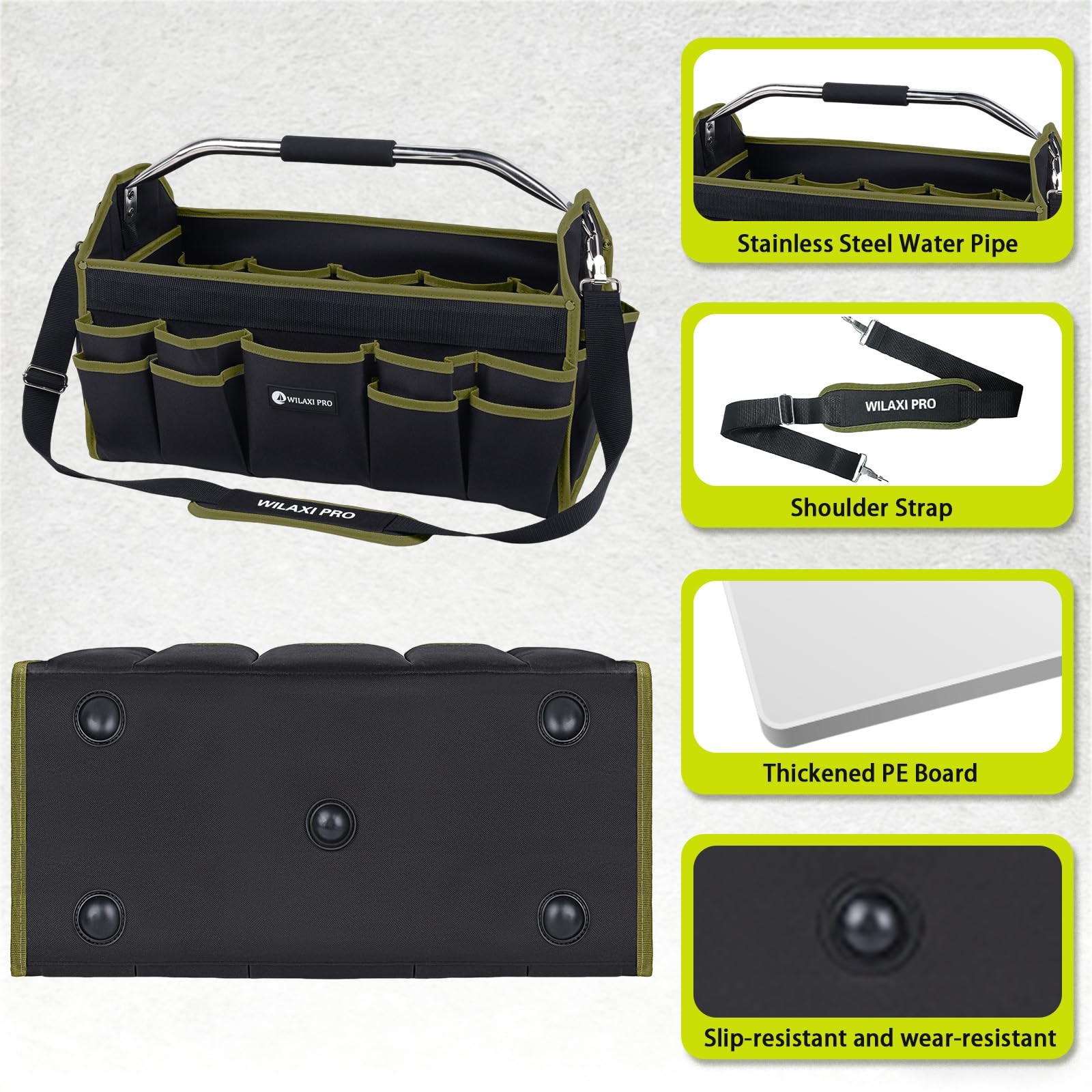 20 Inch Foldable Open Top Tool Bag Tote Heavy Duty Carrier Wide Mouth Green