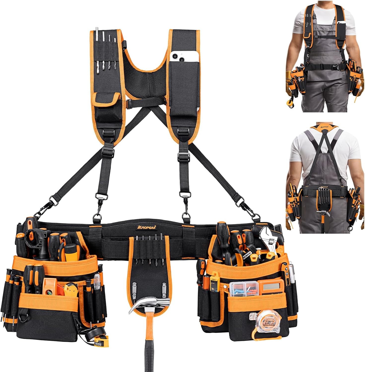 Auropeak 33-Pocket Modular Tool Belt w/ Suspenders (33″-48″ Waist)