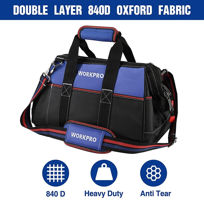 WORKPRO Wide Mouth Tool Bag Heavy Duty Tool Storage Bag w/Shoulder Strap 16-inch