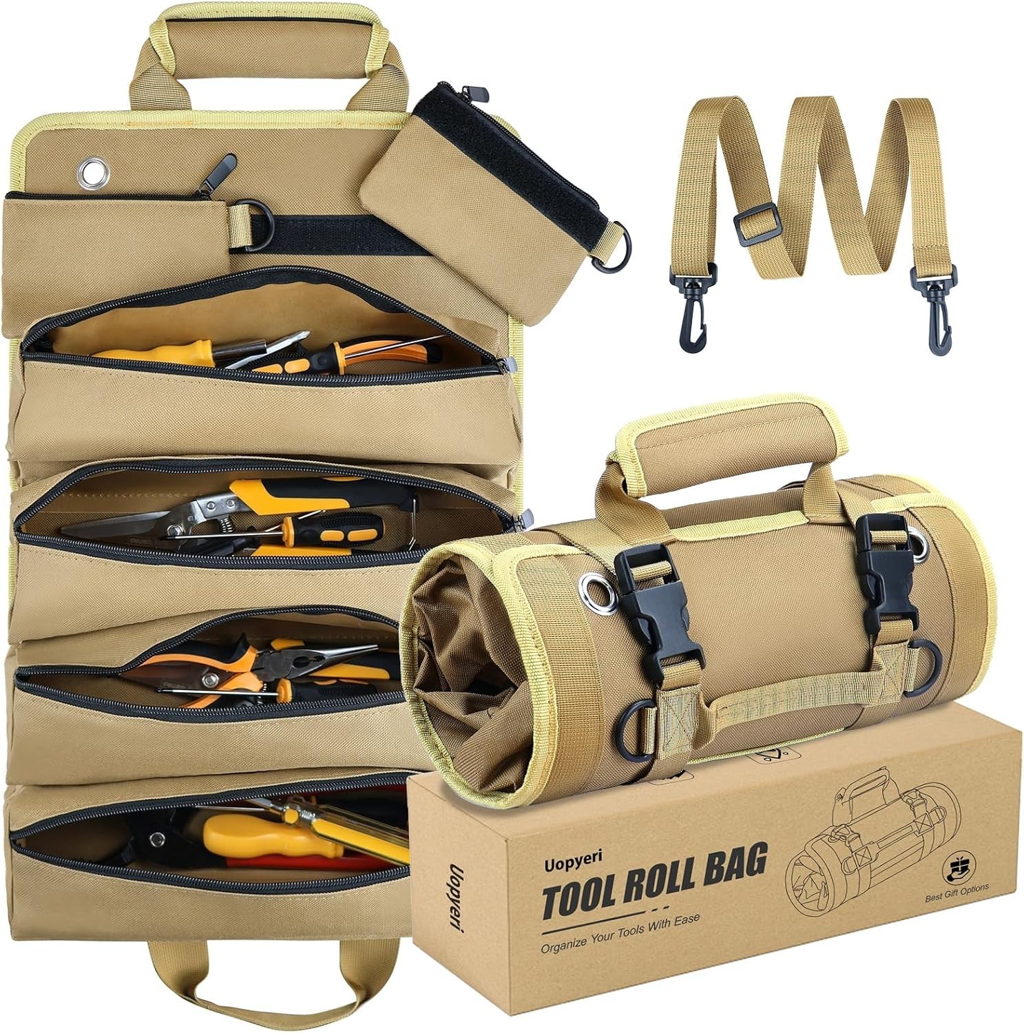 Heavy-Duty Water-Resistant Tool Roll Bag with Detachable Pouches – Khaki