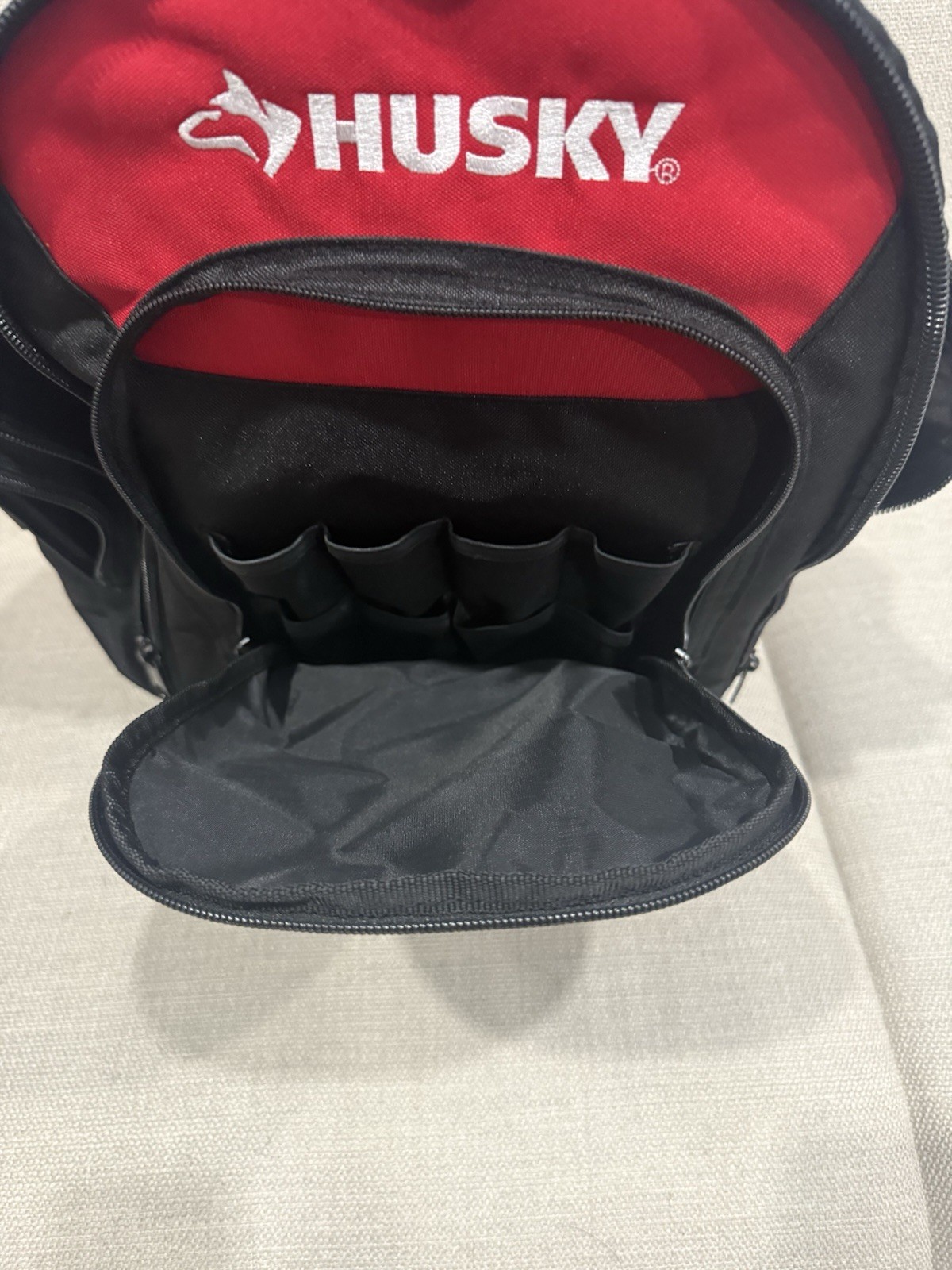 Husky 14 in Tool Backpack Black/Red Polyester, Padded Straps, Handle