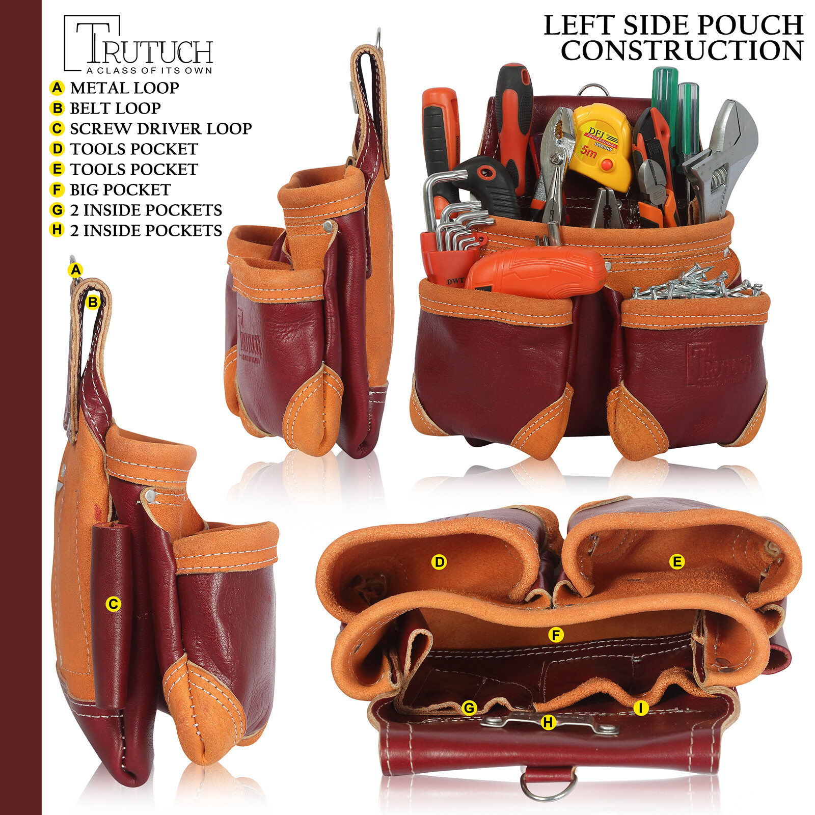 Trutuch Leather Carpenter Tool Belt | 18 Pockets | Framers Tool Belt | Handyman