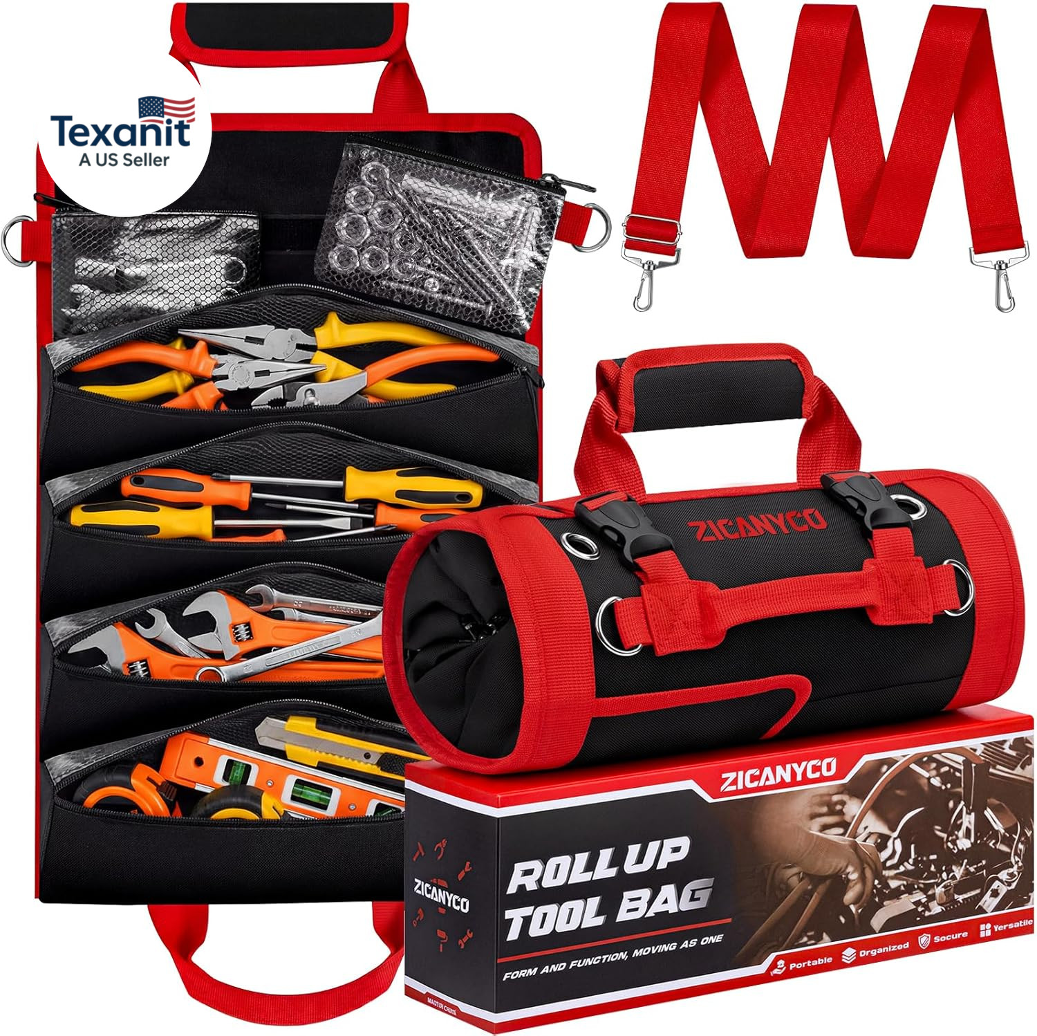 Roll up Tool Bag, Heavy Duty See-Through Tool Roll Organizer with 2 Detachable P