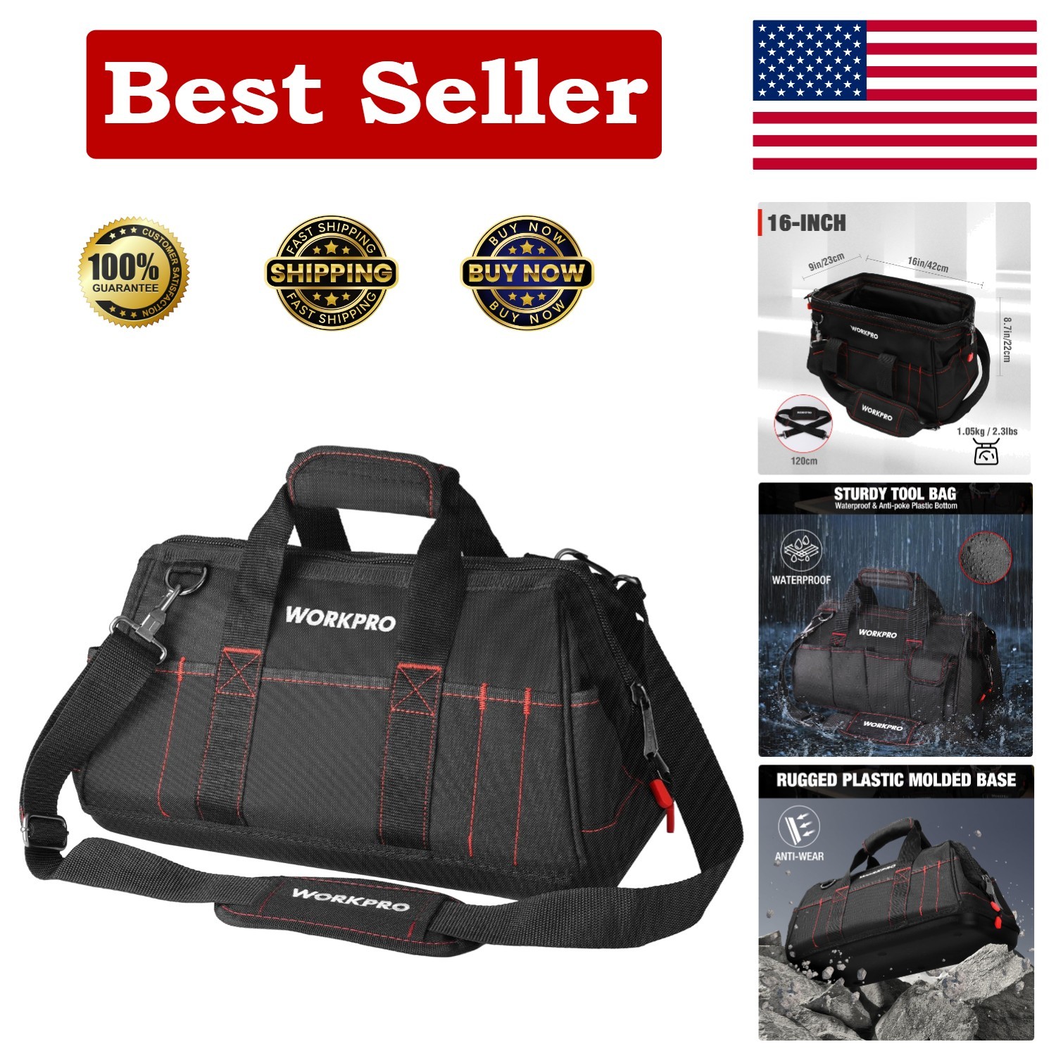 Durable 16-Inch Tool Organizer Bag with Adjustable Strap & Waterproof Base