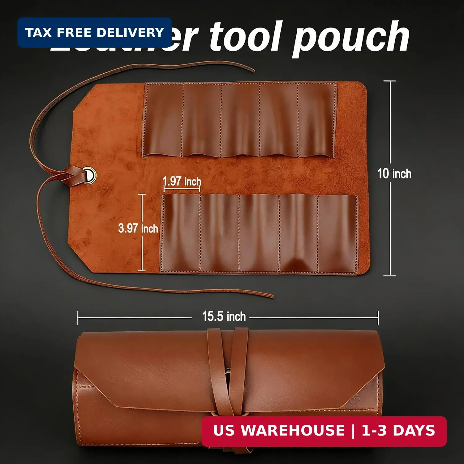 Tool Roll Pouch PU Leather Chisel Roll Portable Tool Roll Bag Organizer 10 Slots