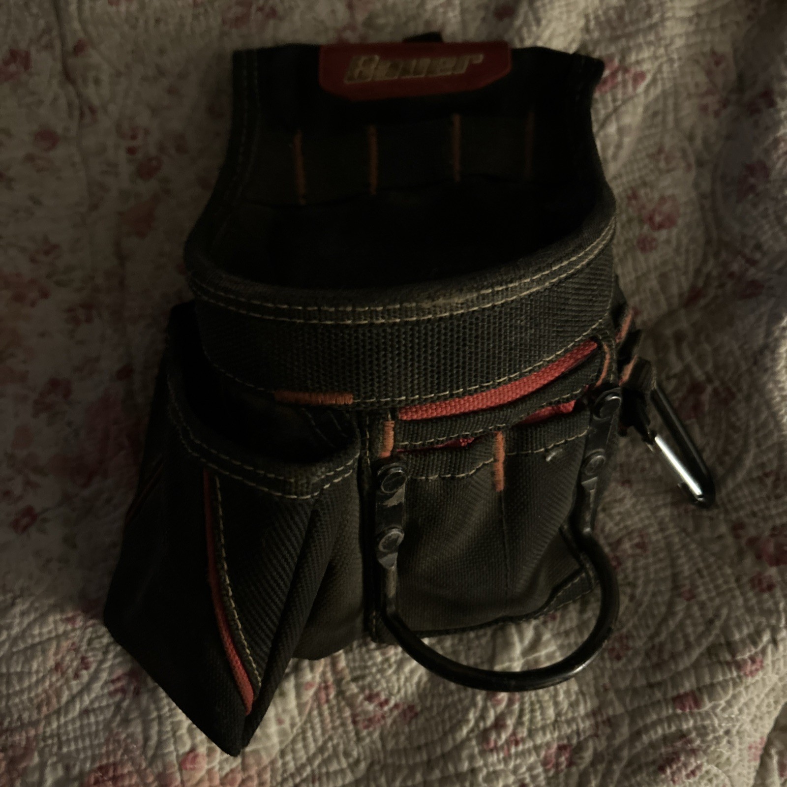 TOOL BELT POUCH BAUER 12 POCKET FRAMERS #58522 BLACK RED POLYESTER CARABINER.