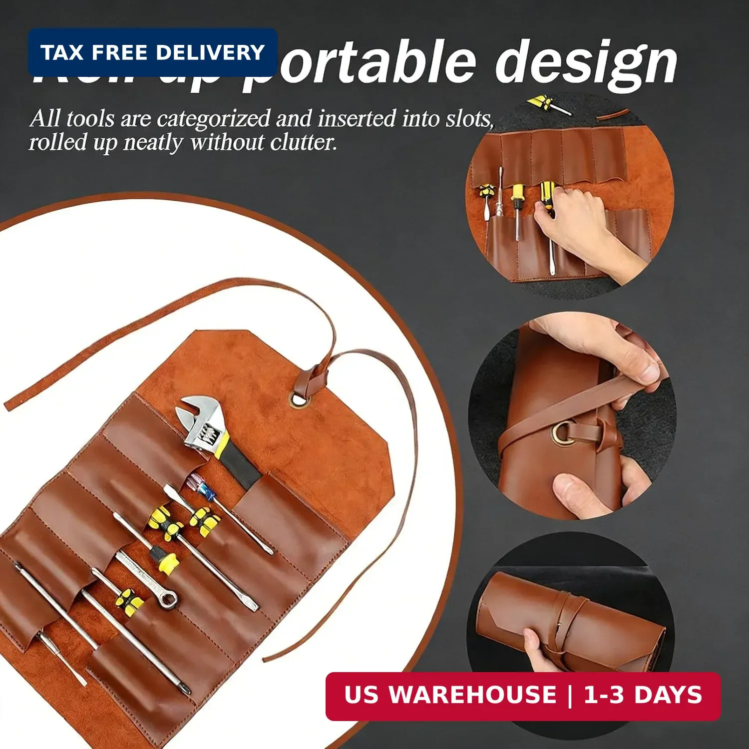 Tool Roll Pouch PU Leather Chisel Roll Portable Tool Roll Bag Organizer 10 Slots