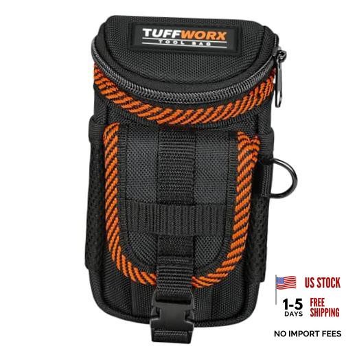 Tool Belt Pouch, Heavy Duty Utility Holder with Mesh Pocket, Black and Orange