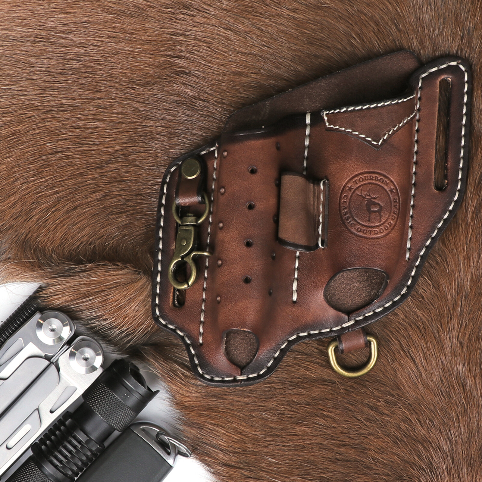 TOURBON Leather EDC Multitool Pouch Flashlight Holder Knife Belt Holster Camping