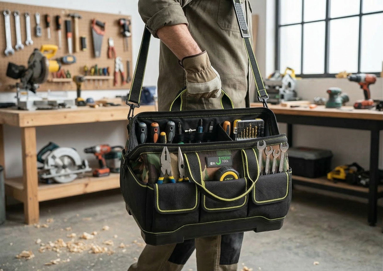 Heavy Duty Waterproof Tool Bag Hard Bottom Camo Organizer 17″ 19″ 21″