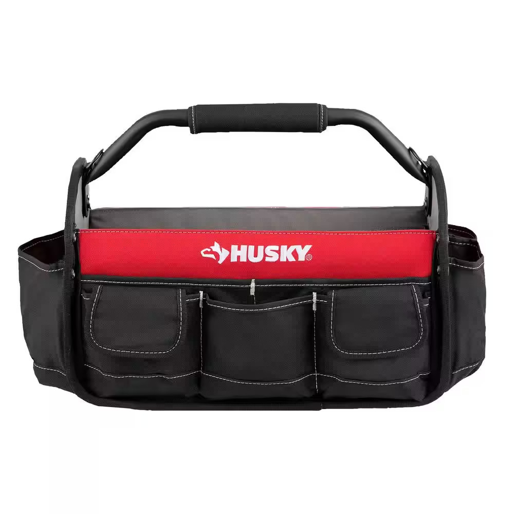 Husky Tool Bag 17 in 18 Pocket Open Top Padded Handle Weatherproof Polypropylene