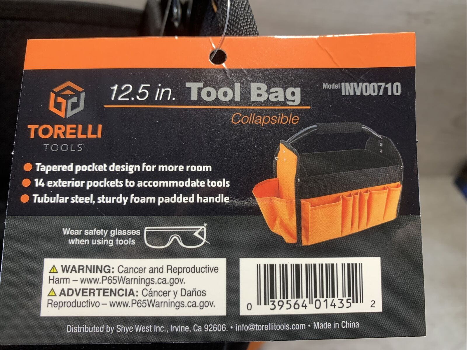 Torelli Tools Collapsible Tool Bag, Exterior Pockets, Foam Padded Handle, Orange