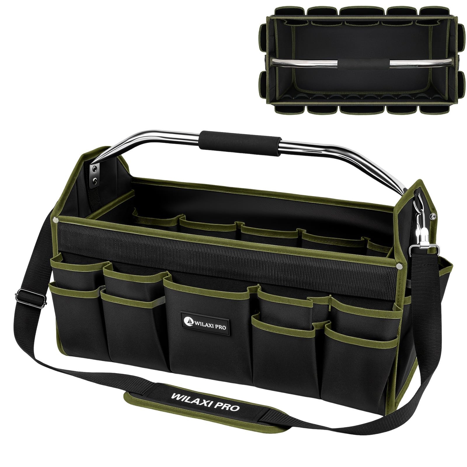 20in Foldable Open Top Tool Bags For Men Heavy Duty Hard Handle Green Tote