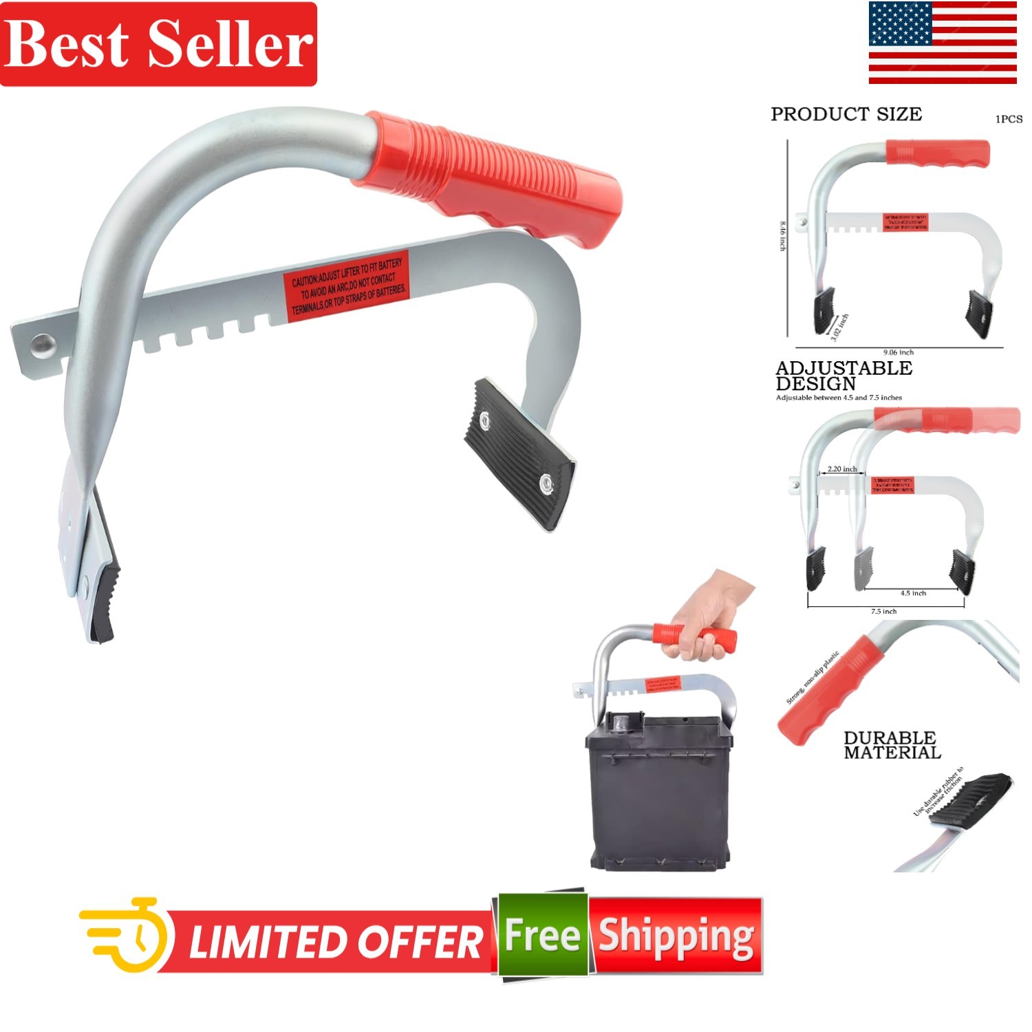 Car Battery Carrier Tool Adjustable 4.5-7.5 Inch Non-Slip Rubberized Feet