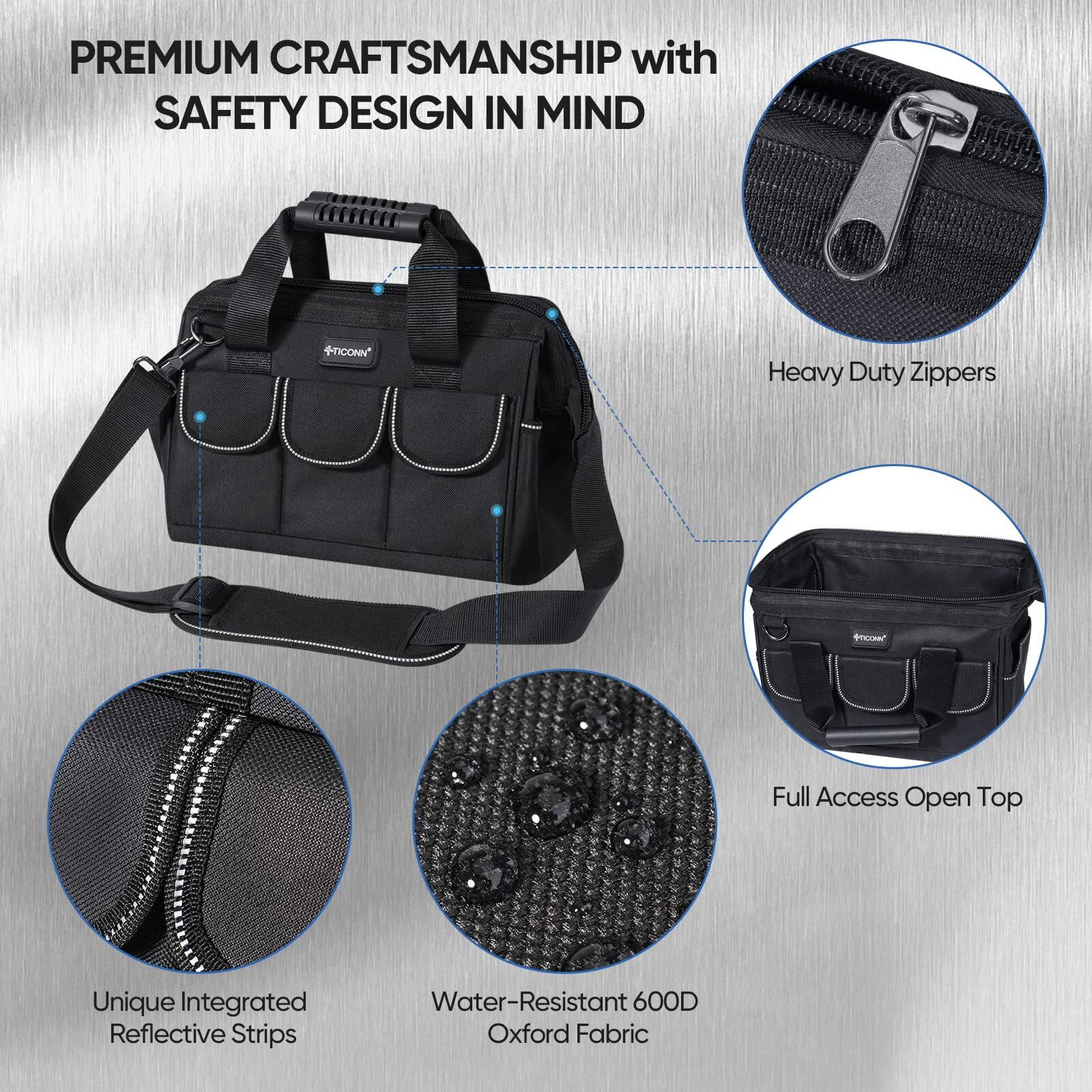 12in Tool Bag With Waterproof Soft Bottom Multipockets Wide Mouth Tool Tote With