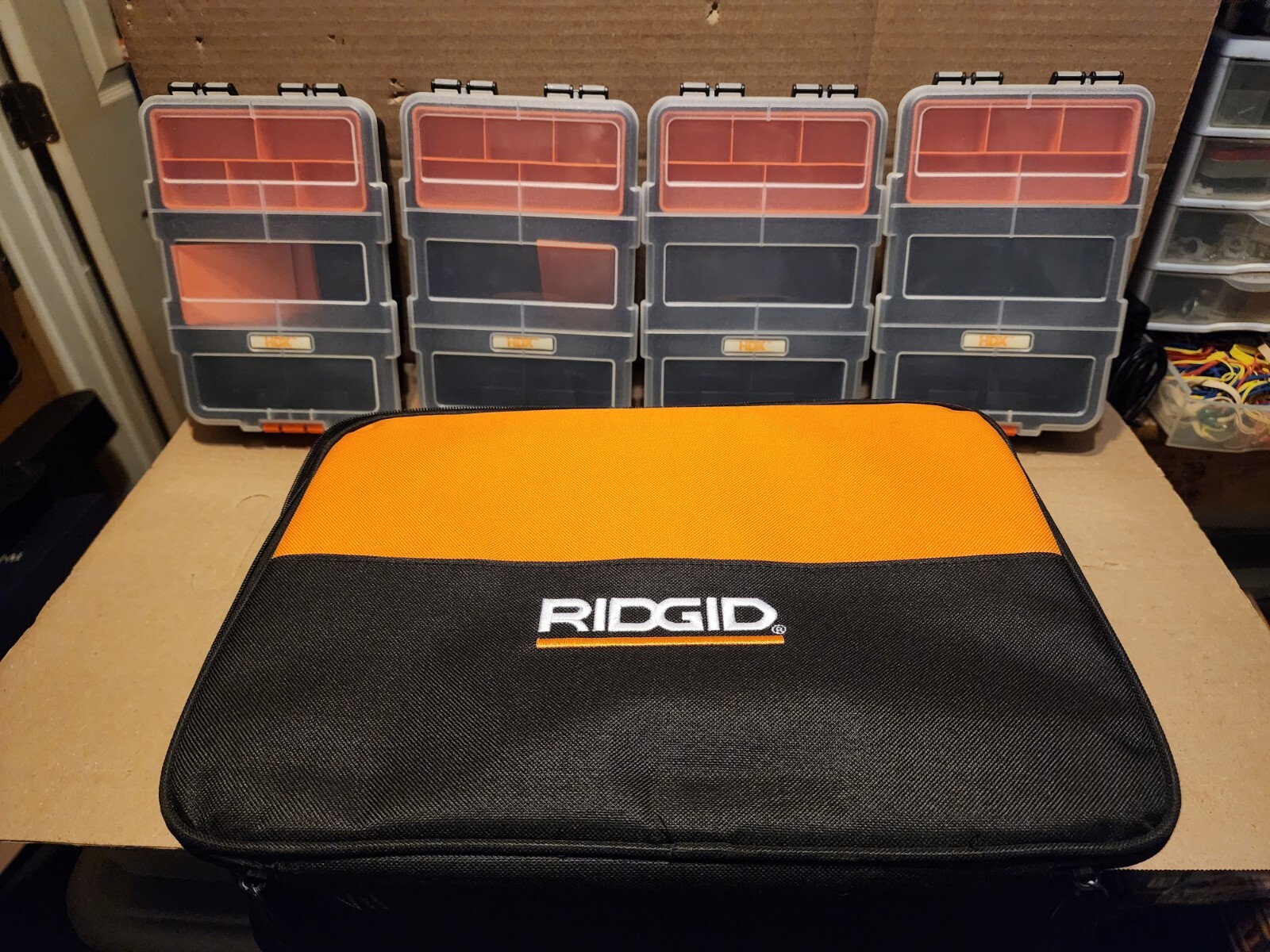 Ridgid 902048009 Contractor Tool Bag 14x10x4.5 + 4 HDX Plastic Tool Storage Box