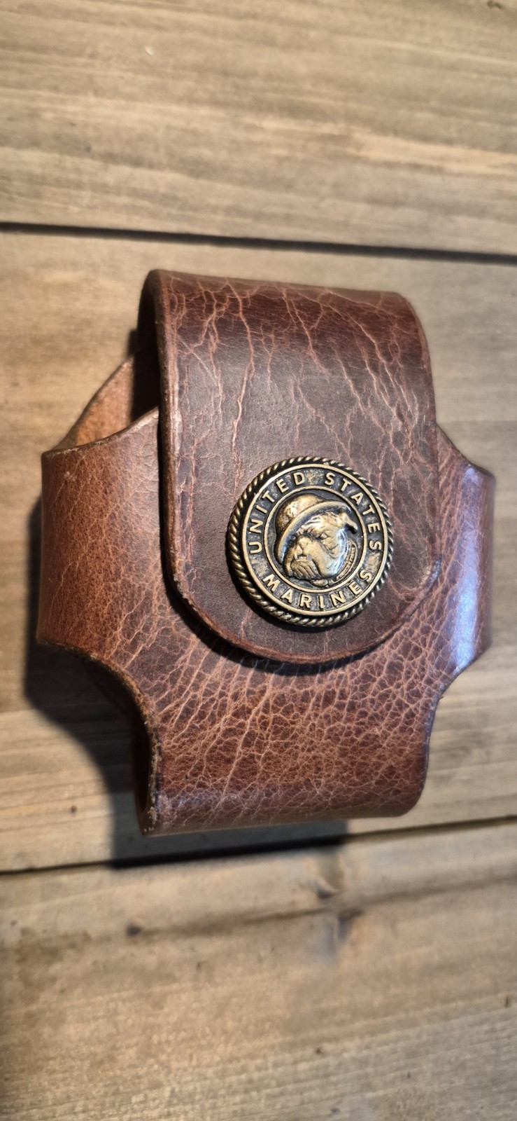 Brown Leather Pouch with United States Marine Corps Emblem and Snap Closure