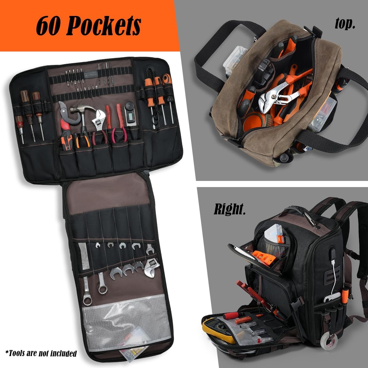 WELKINLAND 60-Pocket Electrician Backpack & Tool Medium, Black,Brown,Green