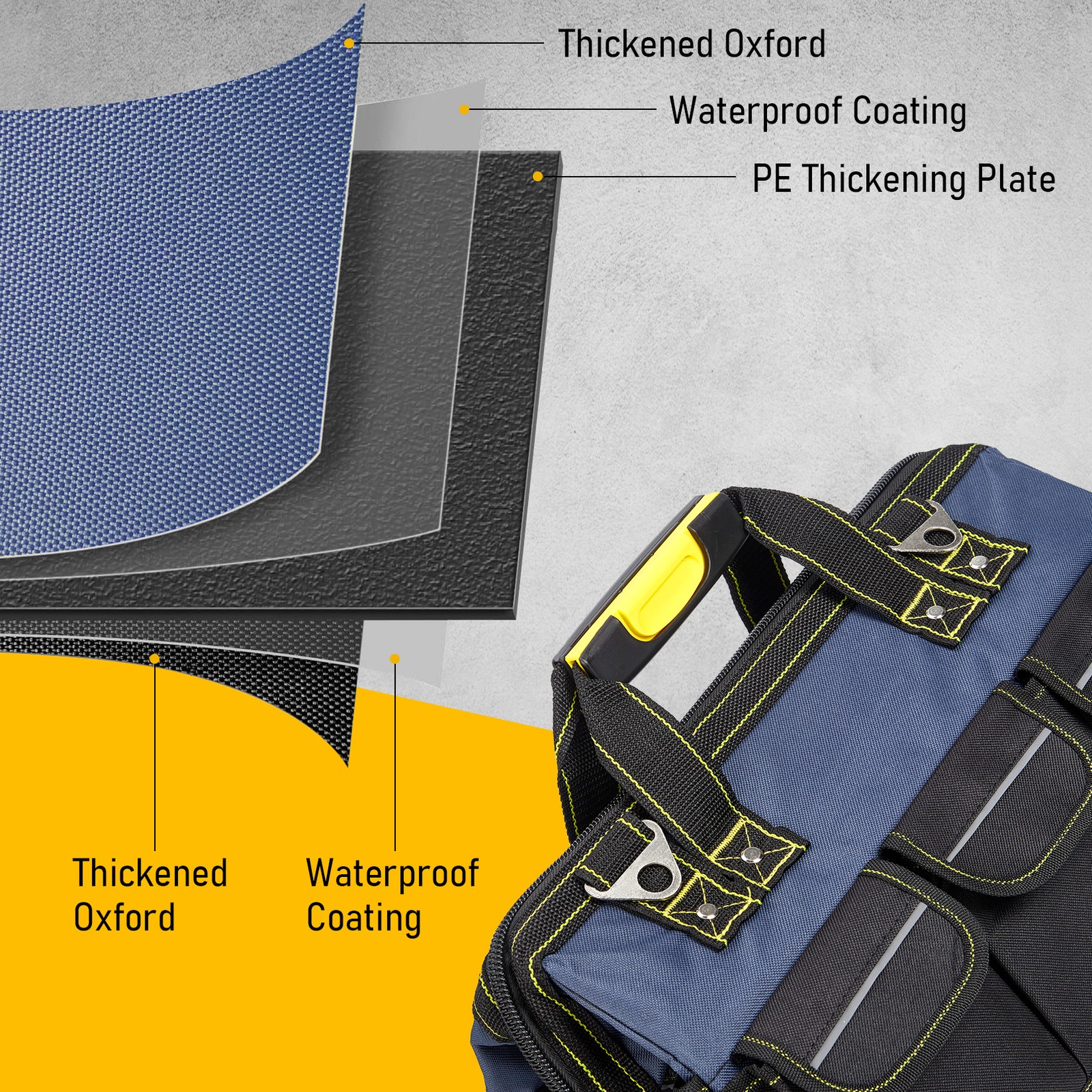 16 Inch Tool Bag Heavy Duty 5 Layer Oxford Waterproof Molded Base 16 Pocket 30kg