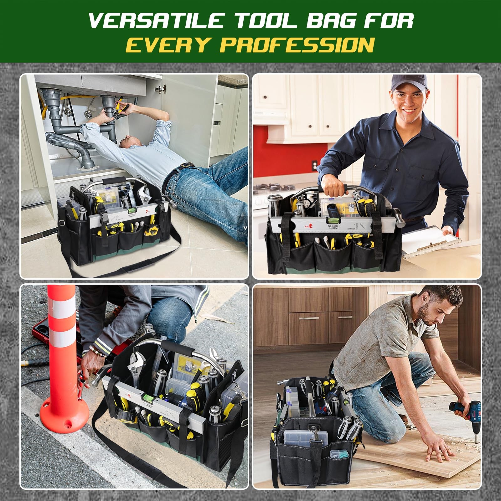 18 Inch Open Top Tool Bag 30 Pockets 1680D Waterproof Foldable Carrier Green
