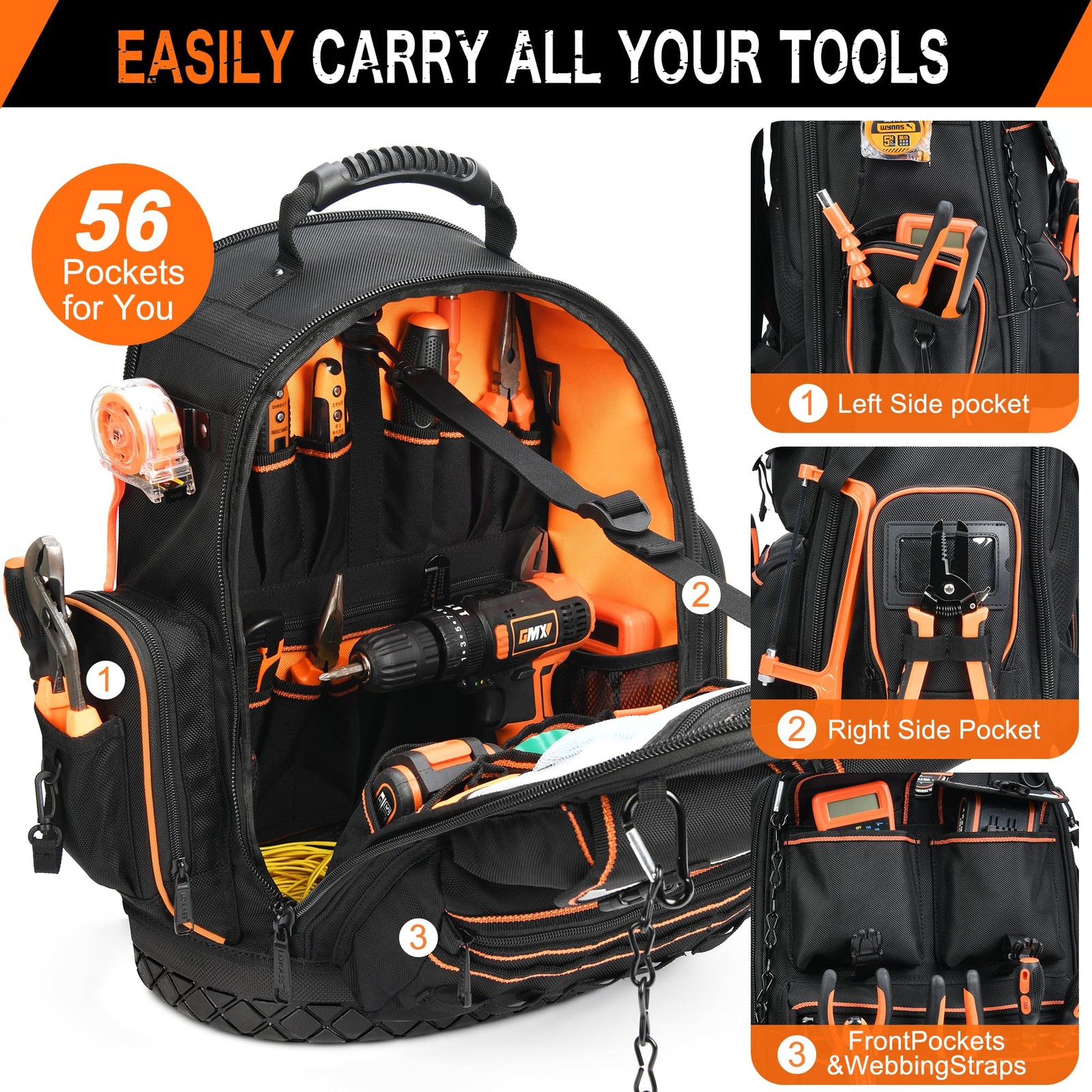 LOKASS Tool Backpack Heavy Duty with Molded Bottom, 1680D 56-Pocket Tool Bag …