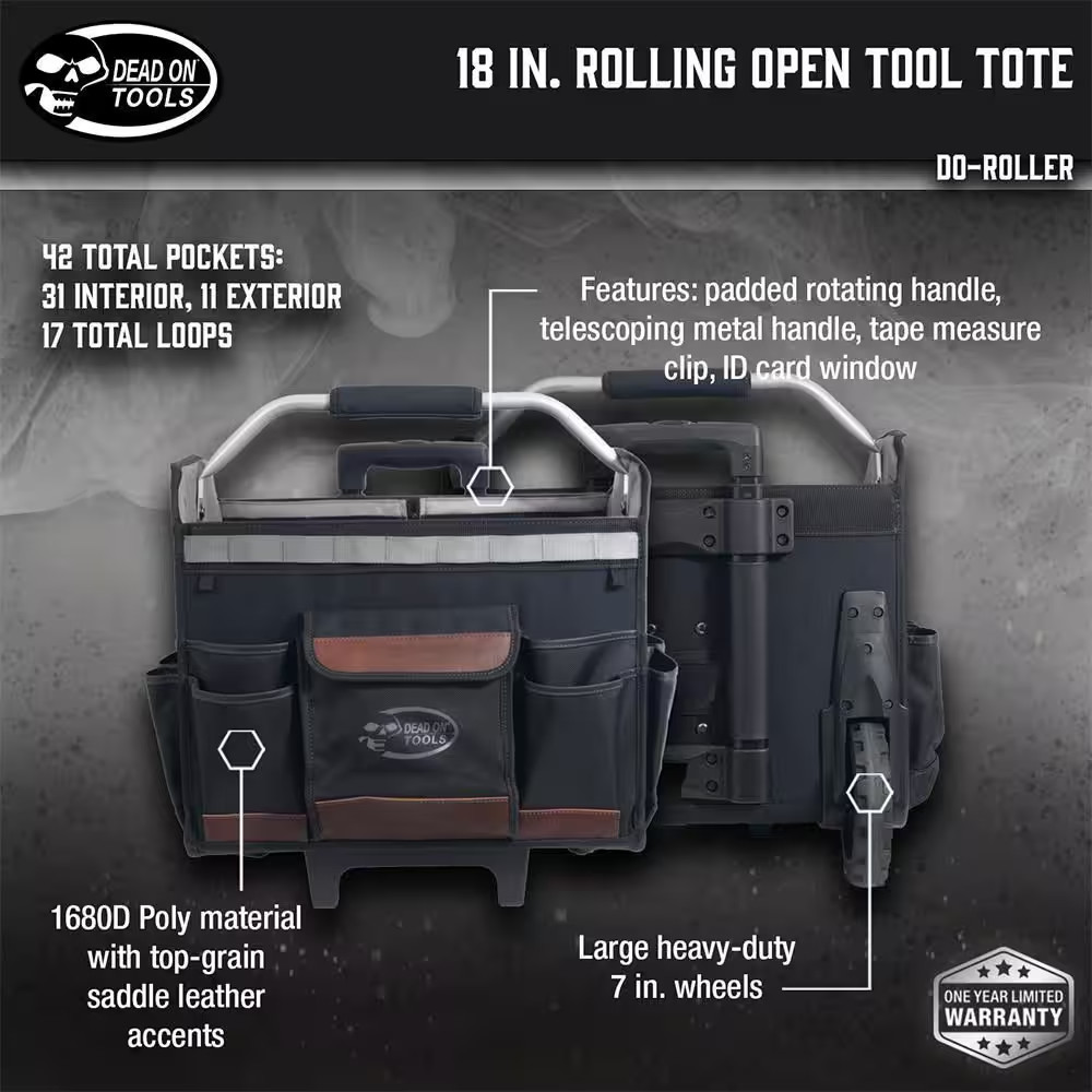 18 In. Rolling Tool Tote Bag with Extended Handle