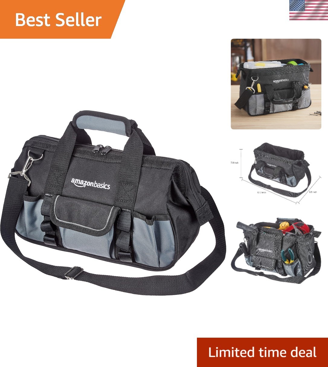 Durable Tool Storage Bag with 16 Pockets & Adjustable Strap, 12in, Black & Gray