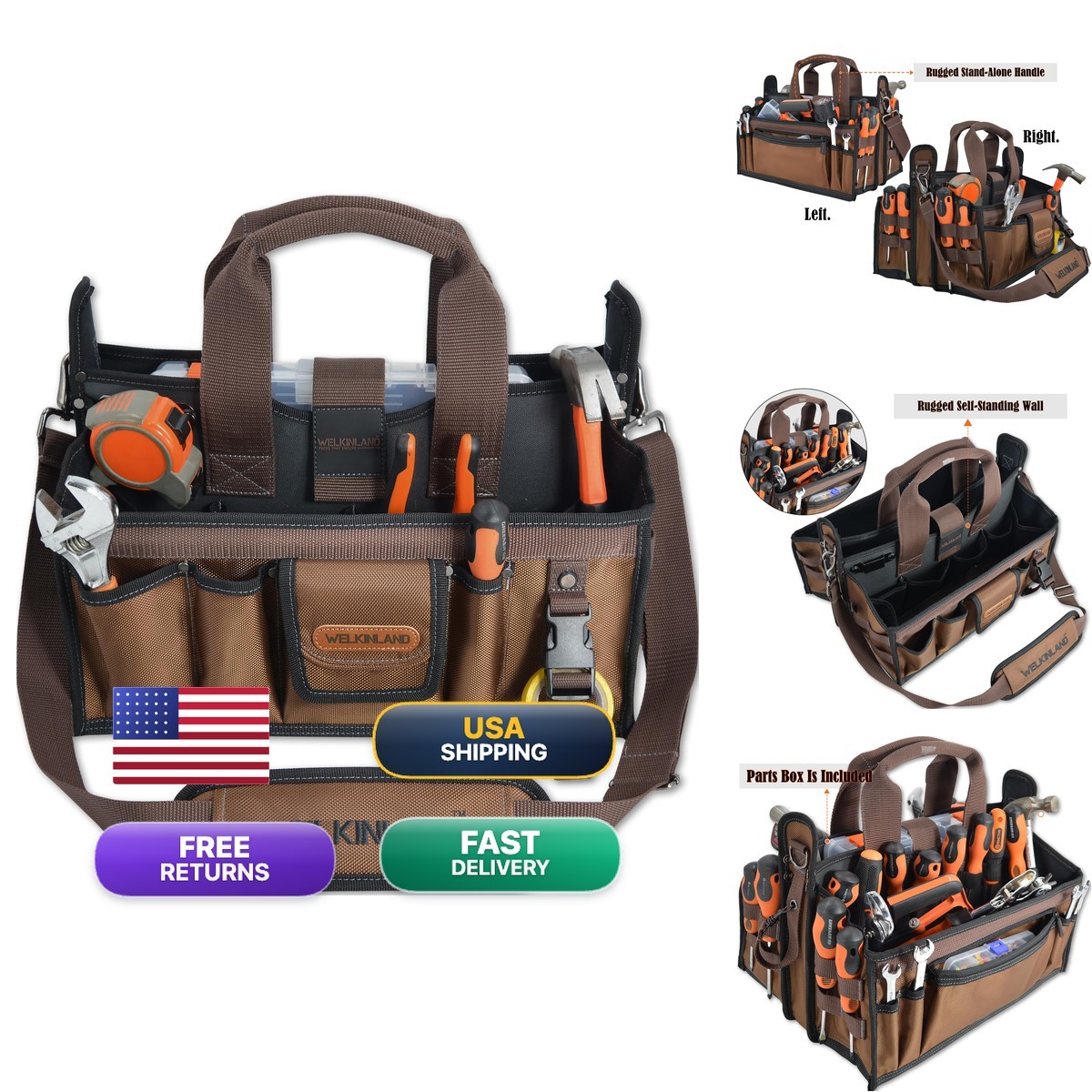 Welkinland 20-Pockets Tool Tote Bag 16 Electrician Tool Bag Open-Top Tool Bag
