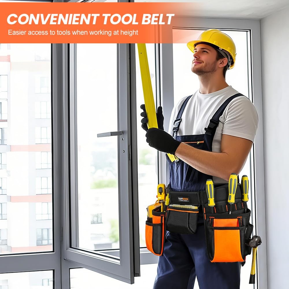 Tool Belt With Multiple Pockets Heavy Duty Construction Pouch Black And Orange
