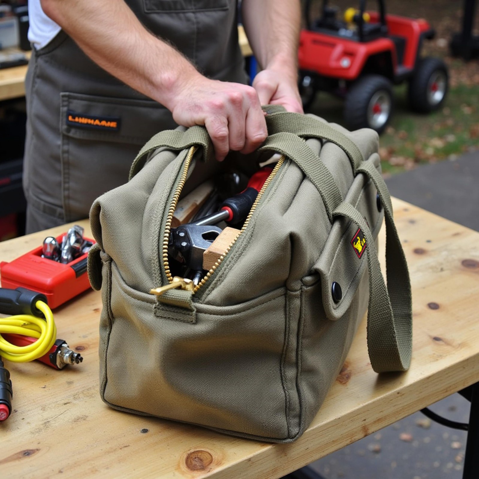 Waxed Canvas Military Duffle Bag, Water-Resistant, Adjustable Strap, Double Z…
