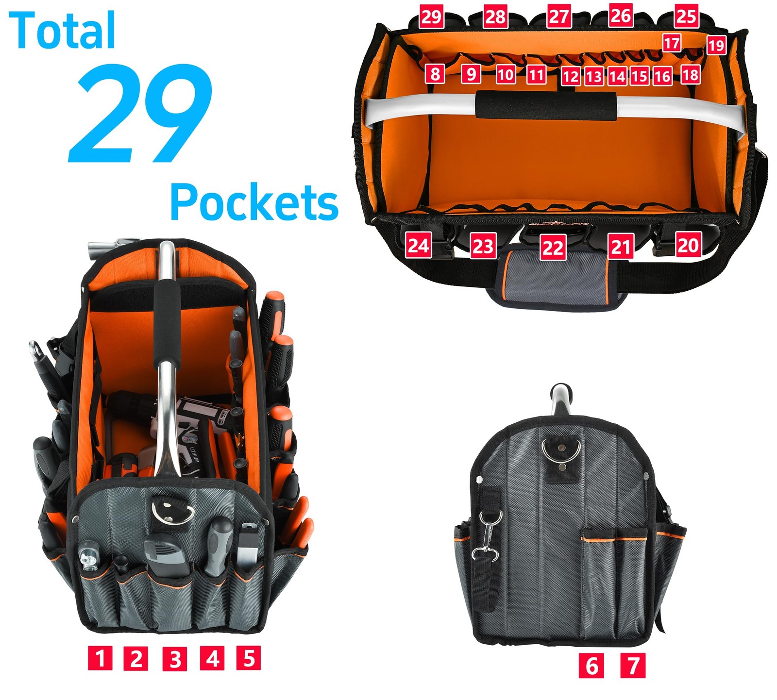 16 Inch Open Top Tool Bag, Foldable 29 Pockets Tool Tote Bags with Handle & P…